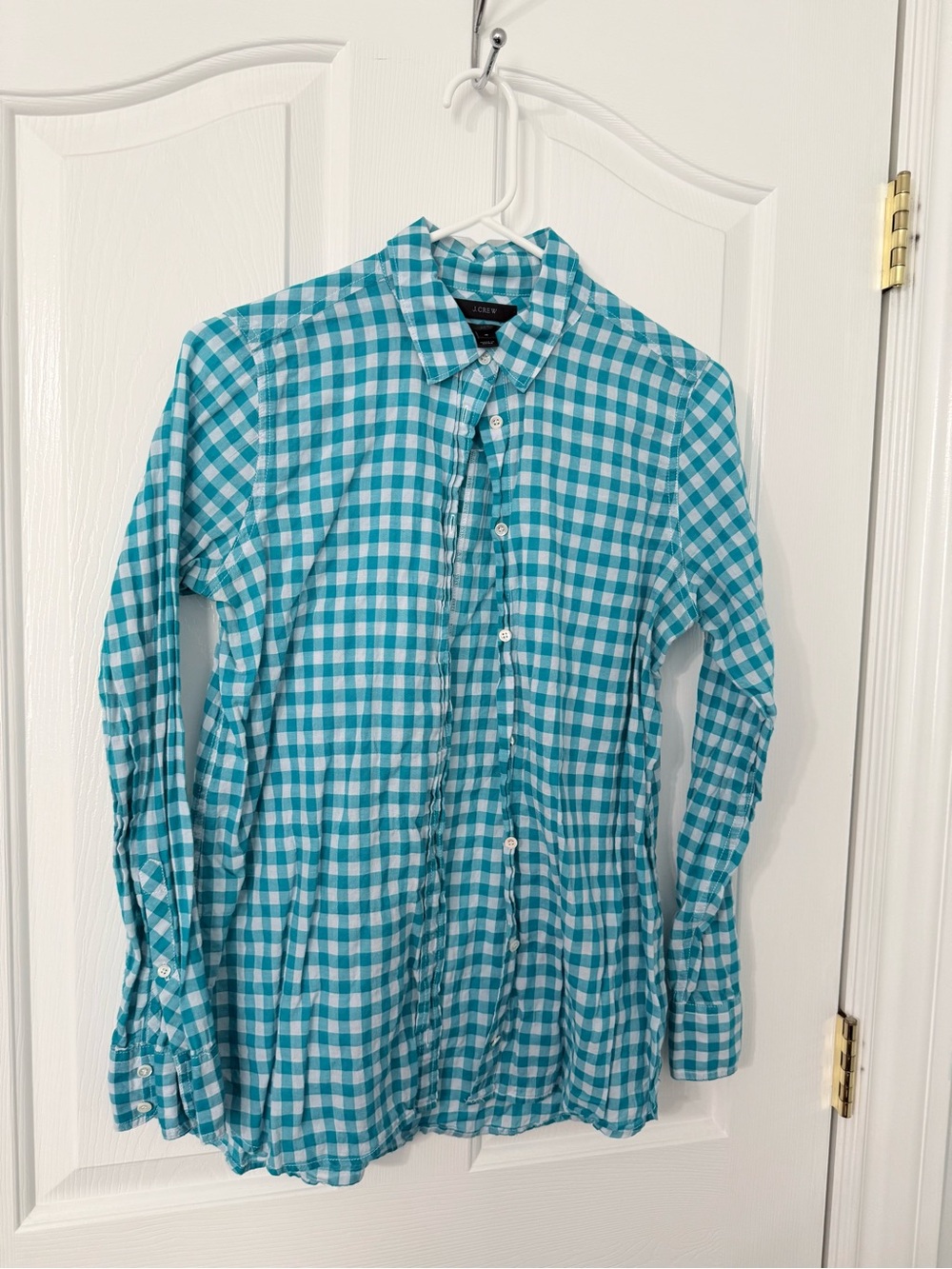 J. Crew Teal and White Gingham Button-Up Shirt